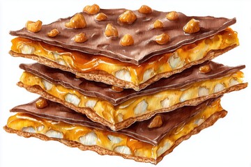 Watercolor illustration of stacked caramel and chocolate-covered toffee bars with nuts, isolated on white background