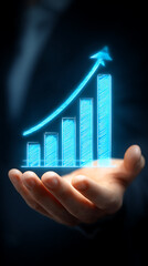 Person's hand displaying a bright blue bar chart with an arrow indicating positive financial growth and market progress