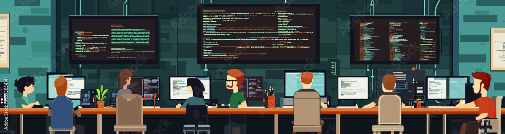 Wall mural software developers programming with multiple monitors programming code teamwork office technology f
