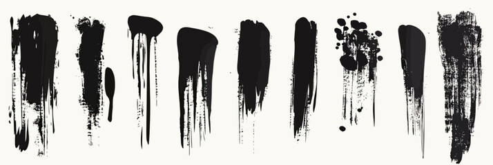 Set of black grunge paint brush strokes and inkbrush textures in flat minimalist vector style on white background for design and art projects creative resources