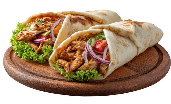 Two chicken shawarma wraps on a wooden board.  Freshly made, flavorful, and ready to eat.  Includes lettuce, sliced cucumbers, tomatoes, and red onions.  Golden brown pita bread