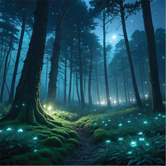 "Mystical Enchanted Forest at Night with Glowing Fireflies"