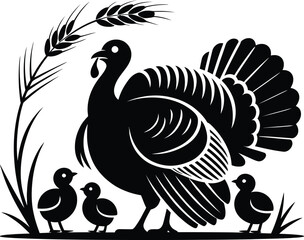 Detailed Turkey Family Silhouette Vector Illustration with Wheat Stalks on Transparent Background Depicting Farm Life and Autumnal Harvest in Black and White