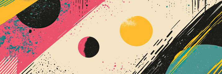 Abstract retro surreal vector illustration with colorful geometric shapes, halftone stipple texture, and dynamic grunge brush strokes for poster art or t-shirt design