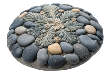 Decorative garden stepping stone with ornate floral relief.