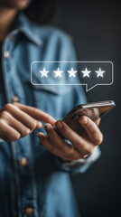 Person's hands holding a smartphone with a five-star rating displayed in a speech bubble above the screen