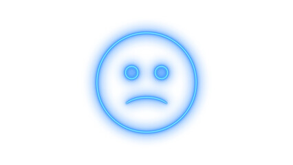 Illustration of a sad blue neon smiley face isolated on transparent background, conveying sadness and disappointment with its downturned mouth and melancholic glow