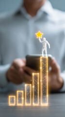 Person's hands holding smartphone with glowing bar graph and figure holding star success achievement