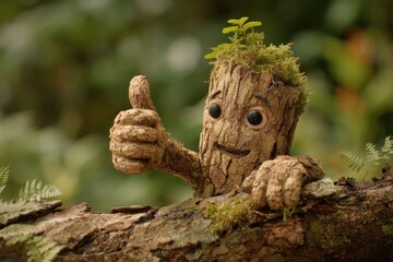 Fototapeta premium Playful Tree Trunk Character Giving a Thumbs Up to Encourage Kids for Nature Conservation and Deforestation Awareness
