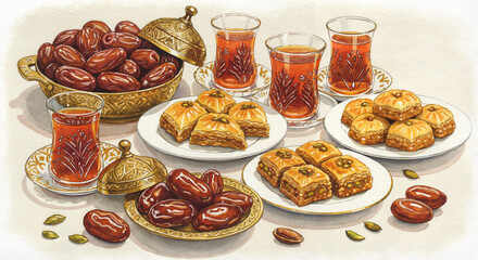 Traditional Arabic dessert table with dates, baklava, and tea glasses with cozy festive mood, watercolor painting, soft brush strokes on light textured paper background