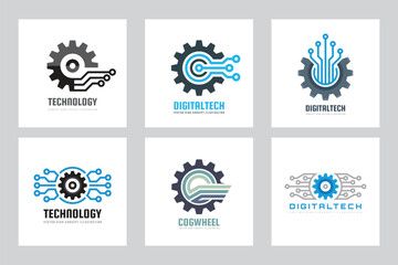 SEO electronic technology business logo set template concept vector illustration. Gear cog wheel technology symbol. Blockchain network communication. Design element.