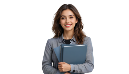 A young woman with wavy hair in a patterned blazer holding a blue folder, isolated on transparent background