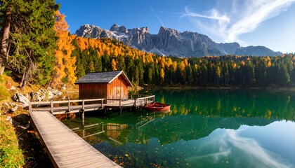 Autumnal mountain lake cabin