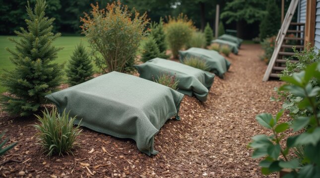 Garden beds protected with fabric covers and mulch, garden tools arranged tidily nearby, natural muted earthy tones.

