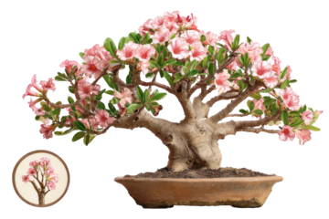 Flowering Desert Rose Adenium bonsai tree with pink blossoms.