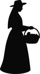Silhouette Vector Illustration of a Woman in Black with a Basket: A Timeless Depiction of Rural Life and Harvest, Evoking Simplicity and Tradition
