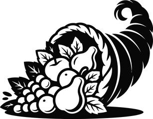 Cornucopia Silhouette Vector Illustration ABUNDANCE: A Black and White Design of Harvest Bounty, Overflowing with Fruit and Foliage, Symbolizing Prosperity and Autumn's Generosity