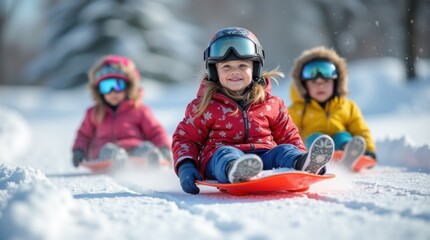 Family enjoying snowy outdoor activities, kids with sleds wearing helmets and bright winter gear, lively energy, joyful vibe.

