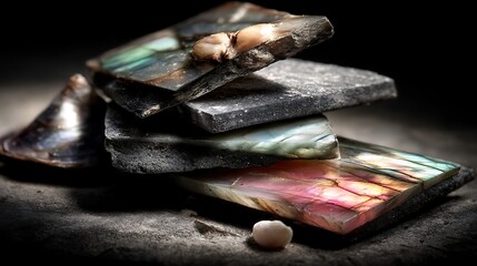 the image showcases a stack of rectangular mineral slabs. the slabs exhibit a striking iridescence, displaying a variety of colors including pink, blue, and green