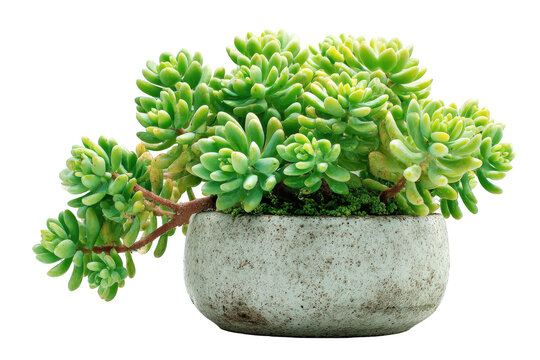 Lush green Burros Tail succulent plant in a rustic stone pot.