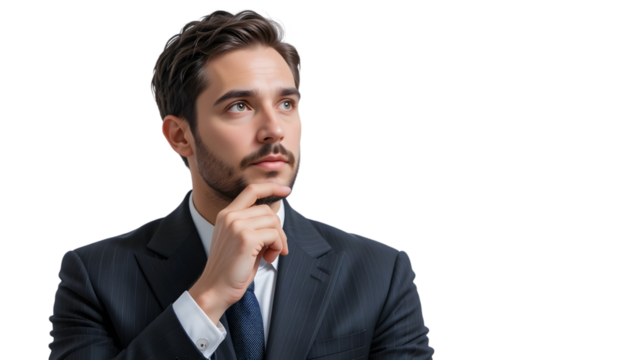 A thoughtful businessman in a suit with his hand on his chin, looking away, isolated on transparent background