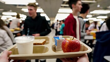 In a busy school cafeteria, a student carries a food tray with milk, bread, an apple, and a carton. The atmosphere is lively as students gather, eat, and socialize during lunchtime together.
 - Powered by Adobe