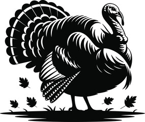 Striking Turkey Silhouette Vector Illustration in Black and White, a Bold Depiction of Poultry, Standing Proudly on a Transparent Backdrop, Perfect for Autumnal Designs