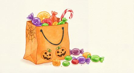 Halloween trick or treat bag full of candies with playful festive mood, watercolor painting, soft brush strokes on light textured paper background