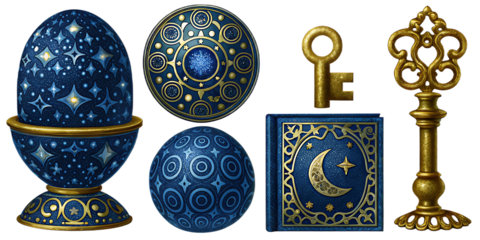 mystical blue and gold element set isolated on white background, png, ai generated.