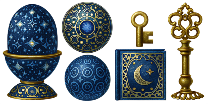 mystical blue and gold element set isolated on white background, png, ai generated.