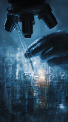 Scientist using a pipette with liquid over test tubes under a microscope science laboratory