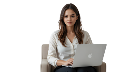 Young woman sitting in a chair with a laptop, isolated on transparent background
