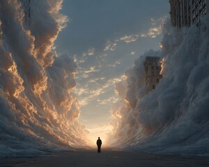 Solitary Figure in a Sea of Clouds: A lone individual navigates a surreal, dreamlike landscape, walking towards a distant, ethereal light through towering walls of clouds.