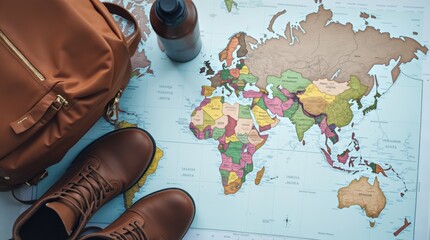Top-down flatlay featuring essential winter trip items: unfolded map, backpack, winter boots, and a thermos in clean minimalist style.

