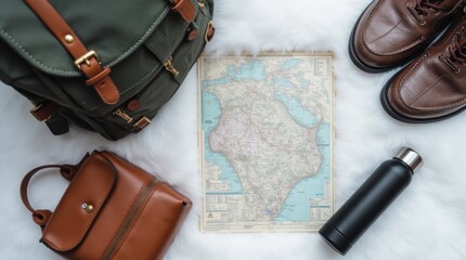 Top-down flatlay featuring essential winter trip items: unfolded map, backpack, winter boots, and a thermos in clean minimalist style.

