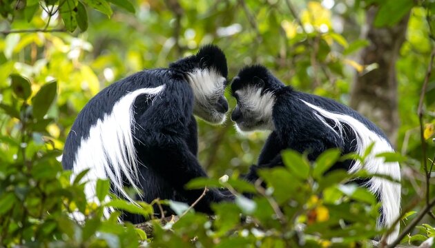Two black and white colobus monkeys facing each other in a lush green forest canopy