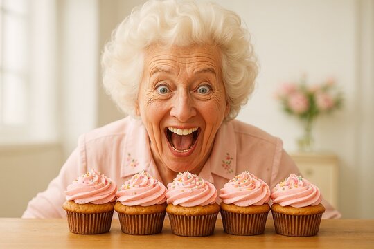 Elderly woman with joyful expression looking at cupcakes with pink cream on table, celebration and happiness concept in bright home background