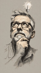 Thoughtful older man with beard and glasses looking up with a lightbulb symbolizing an idea thinking