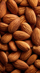 Top-down view of a dense pile of whole raw almonds with textured brown skins nuts food