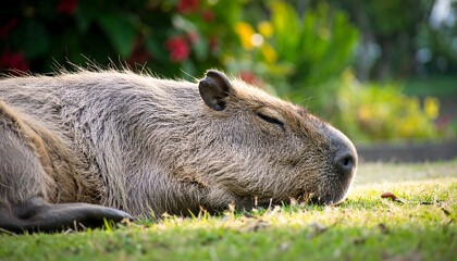 Capybara resting in grass