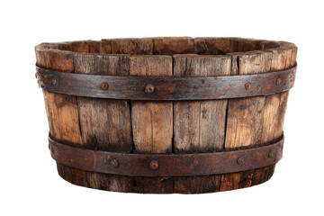 Fototapeta premium Old rustic wooden barrel with iron bands isolated on a white background.