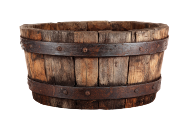 Old rustic wooden barrel with iron bands isolated on a white background.