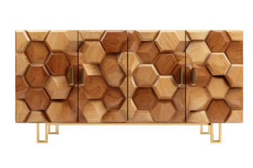 Modern wooden sideboard with a geometric honeycomb pattern facade.