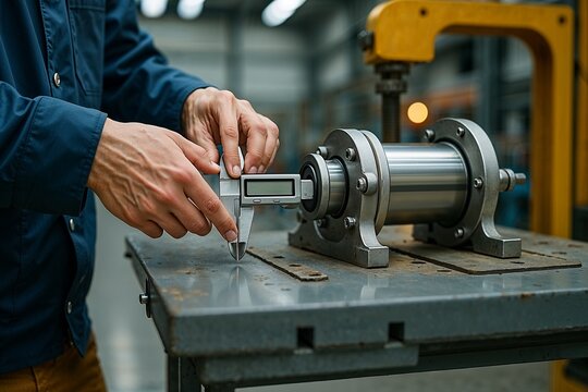 Engineer measuring metal part with caliper in workshop, industrial precision work in silver and blue colors, manufacturing and quality control concept