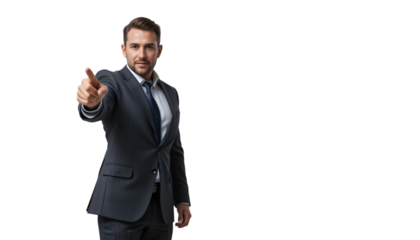 A confident businessman in a suit pointing forward, isolated on transparent background, conveying direction and decisionmaking in a professional setting