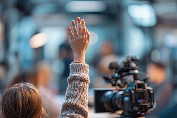 Hand raised in a crowd, video camera visible