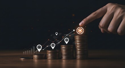 Hand Touching Stacked Coins with Growth Chart and Target Symbol, Business Growth Concept