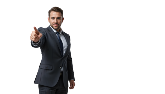 A confident businessman in a suit pointing forward, isolated on transparent background, conveying direction and decisionmaking in a professional setting