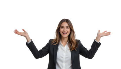 A smiling businesswoman with arms outstretched, isolated on transparent background, expressing openness and enthusiasm in a professional context