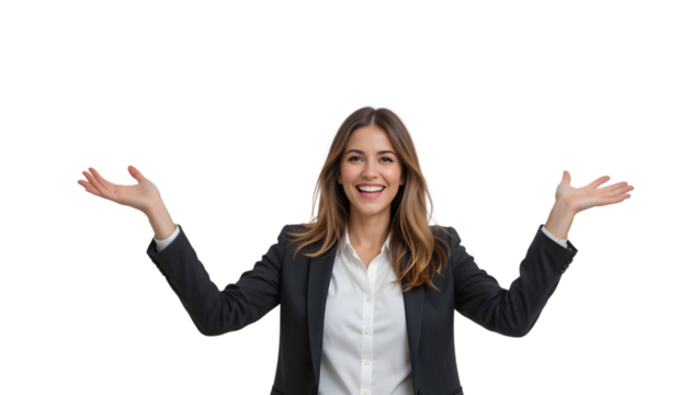 A smiling businesswoman with arms outstretched, isolated on transparent background, expressing openness and enthusiasm in a professional context